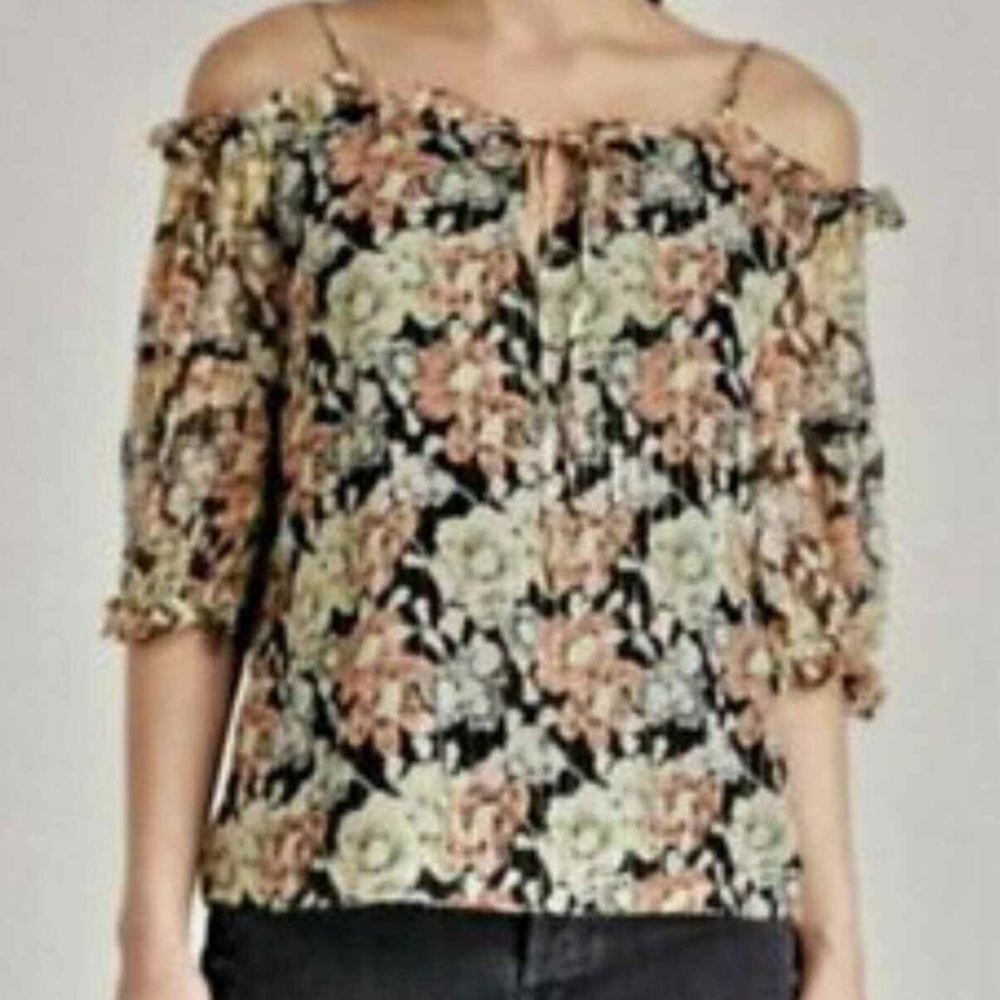 The Kooples Wanted Cold Shoulder Metallic Floral Printed Silk Blouse